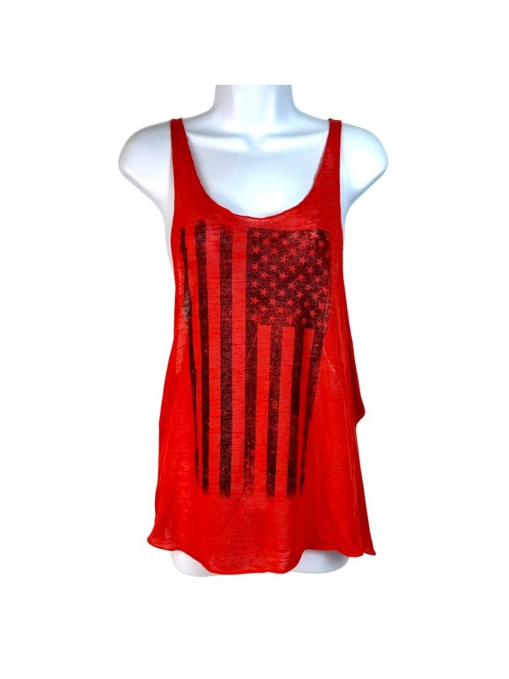 American Flag Sheer Red Tank Top Womens Graphic Print Patriotic USA Med